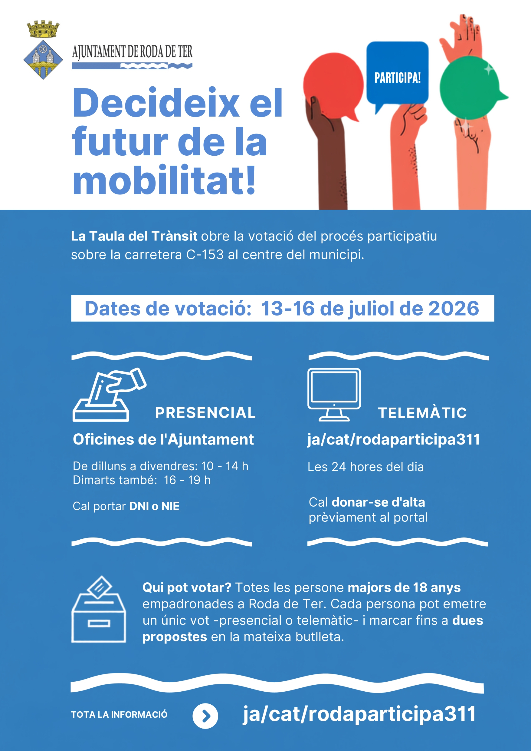 L'Ajuntament anima la ciutadania a participar en la votació sobre el futur de la mobilitat a Roda de Ter